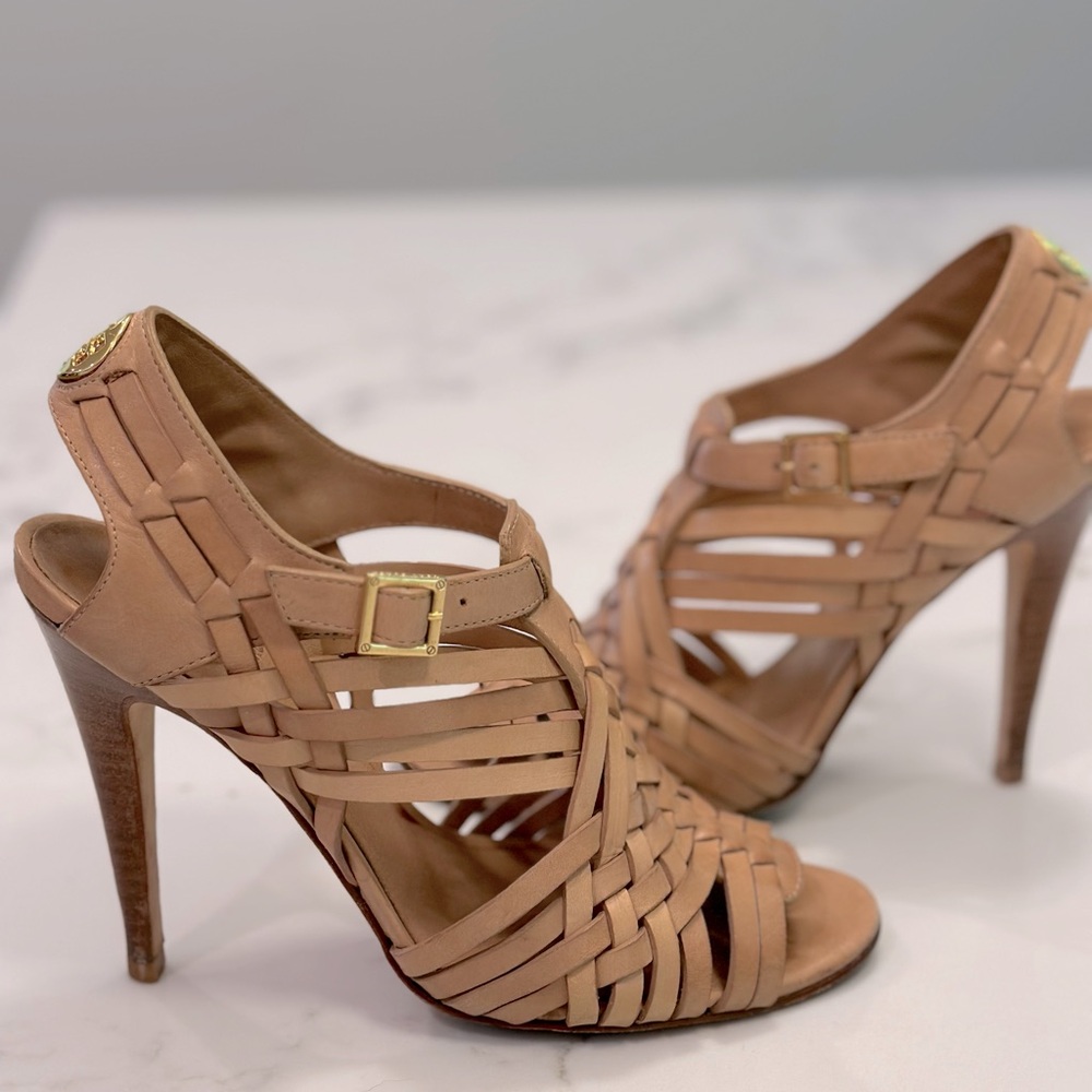 Tory Burch Nadia Huarache Sandal, Royal Tan size 6.5m Leather